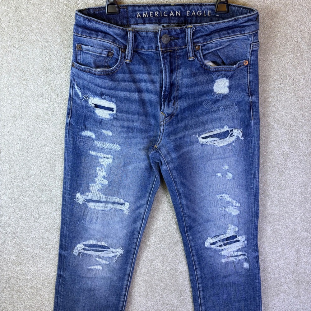 American Eagle Slim Jeans Mens 30x32 Blue Distressed Next Level Airflex Thrashed